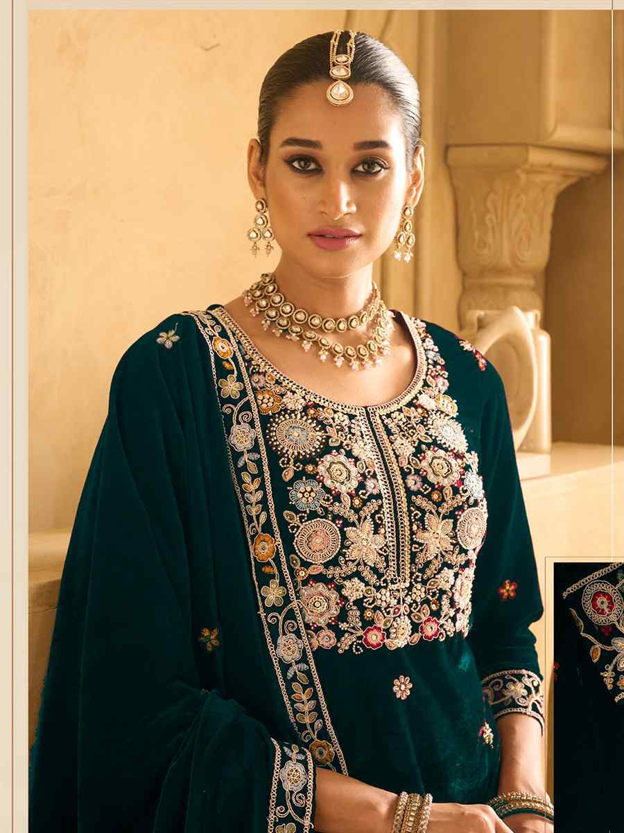 Green Velvet Embroidered Festival Casual Palazzo Pant Salwar Kameez