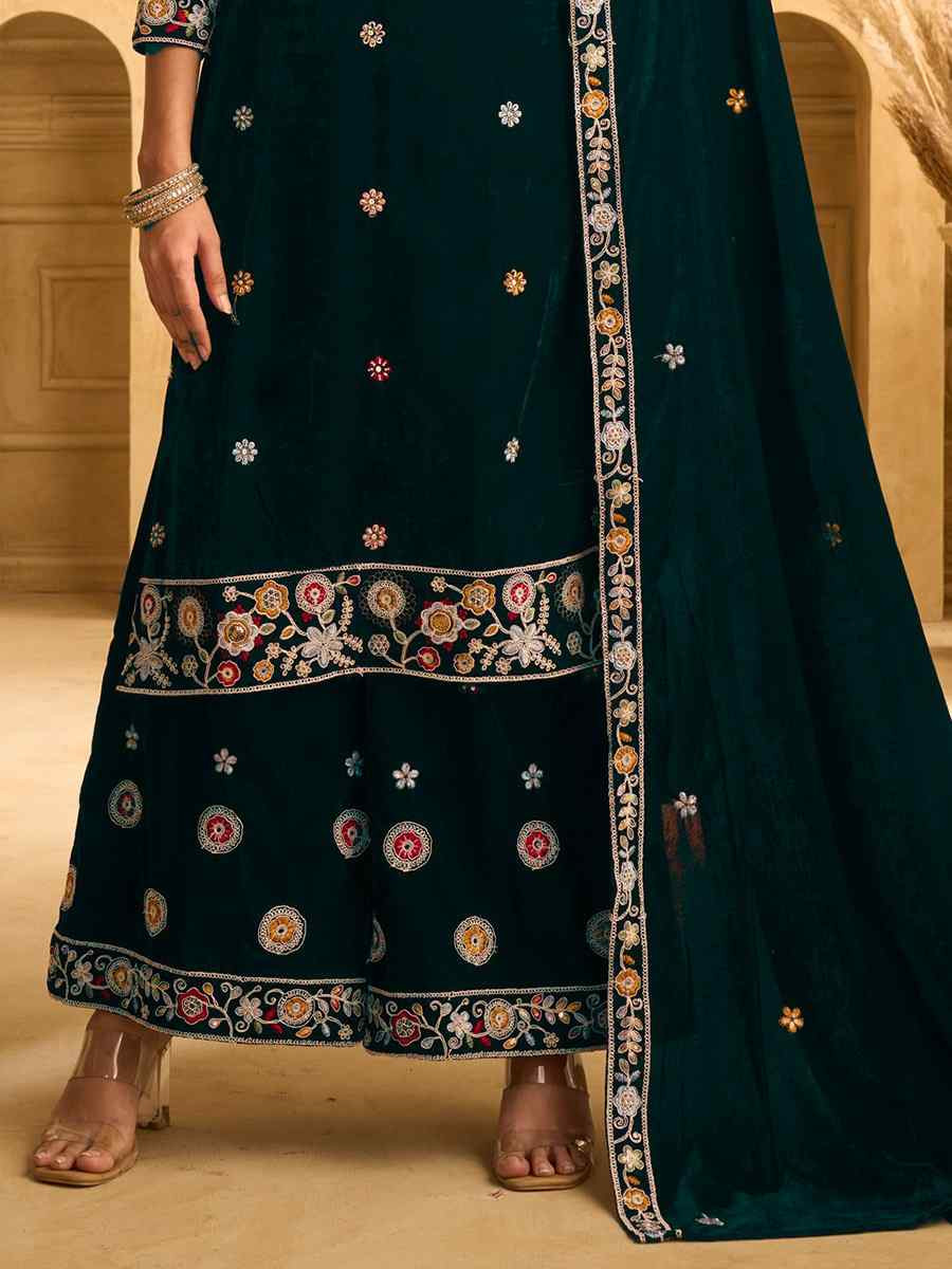 Green Velvet Embroidered Festival Casual Palazzo Pant Salwar Kameez