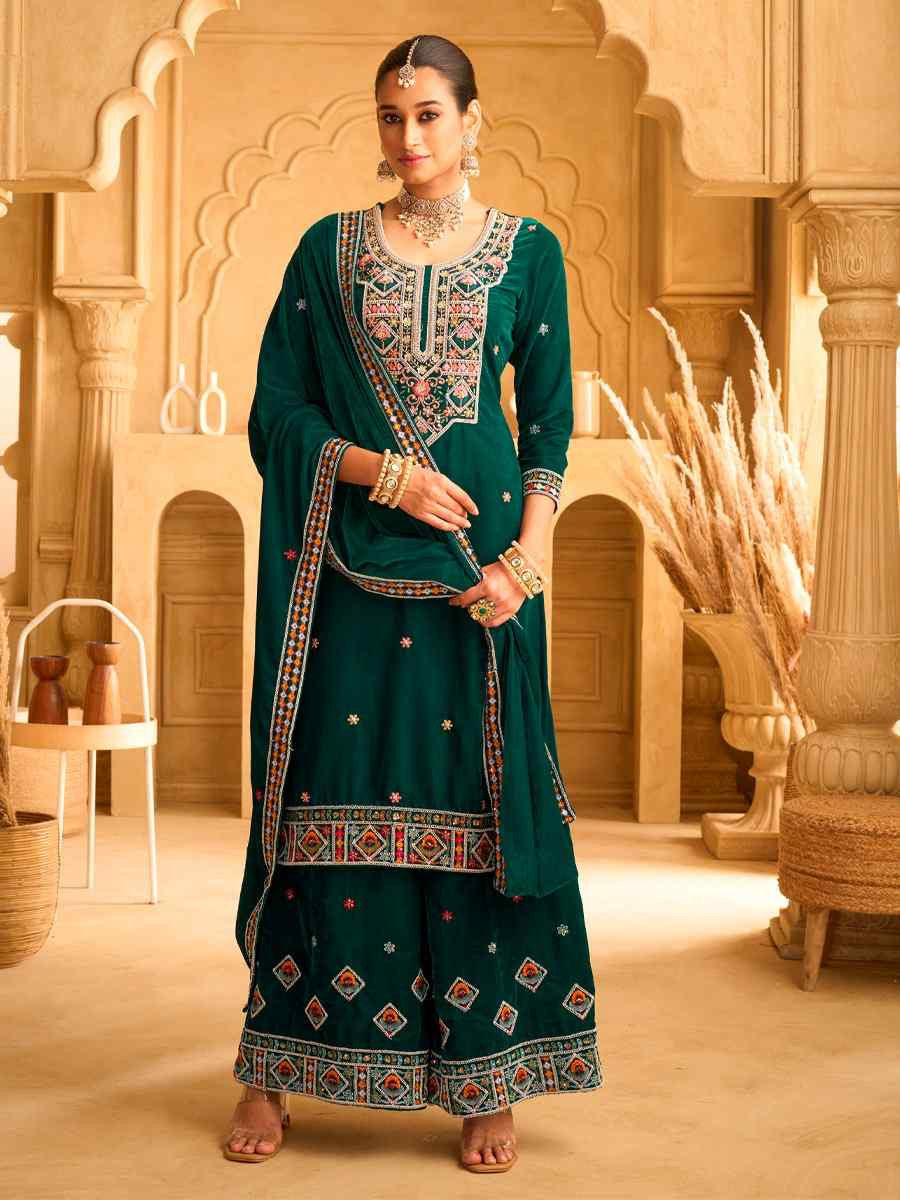 Green Velvet Embroidered Festival Casual Ready Palazzo Pant Salwar Kameez
