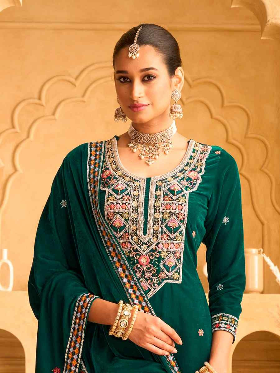 Green Velvet Embroidered Festival Casual Ready Palazzo Pant Salwar Kameez