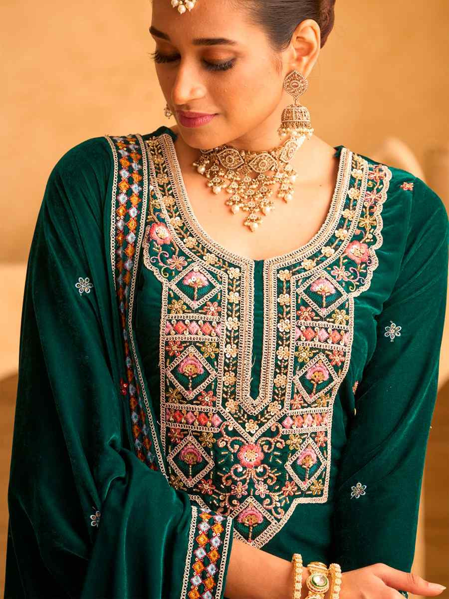 Green Velvet Embroidered Festival Casual Ready Palazzo Pant Salwar Kameez