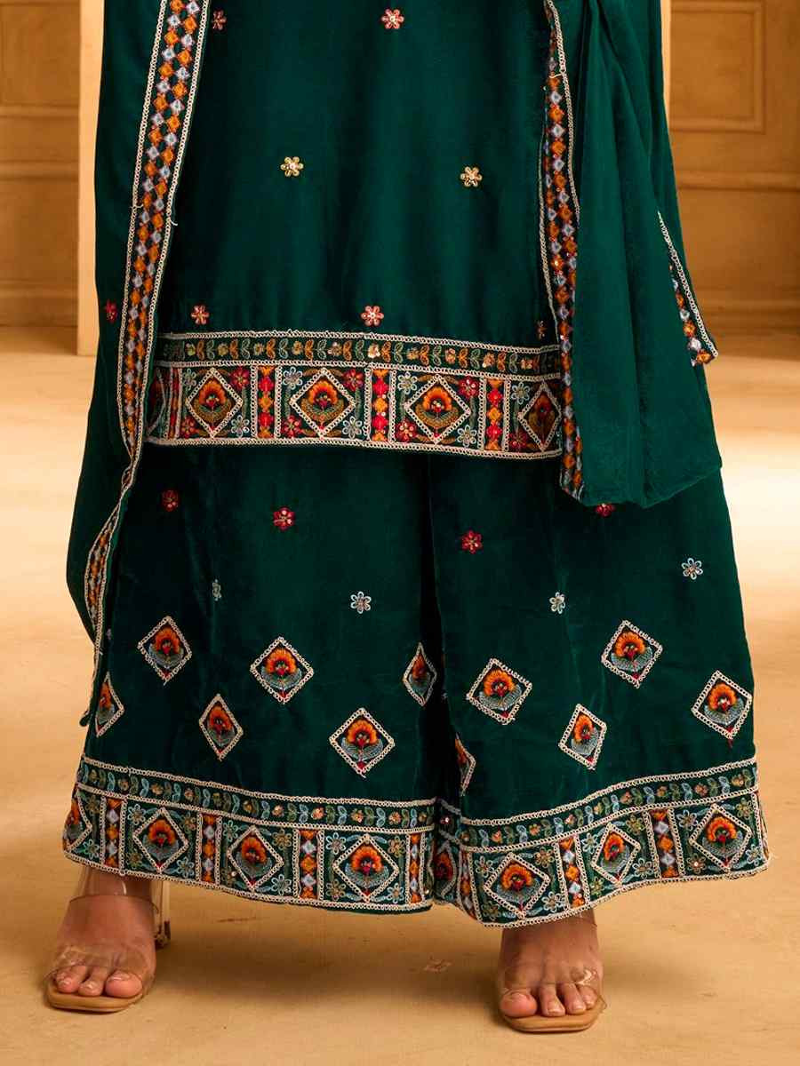 Green Velvet Embroidered Festival Casual Ready Palazzo Pant Salwar Kameez