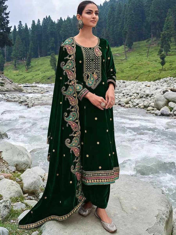 Green Velvet Embroidered Festival Mehendi Pant Salwar Kameez