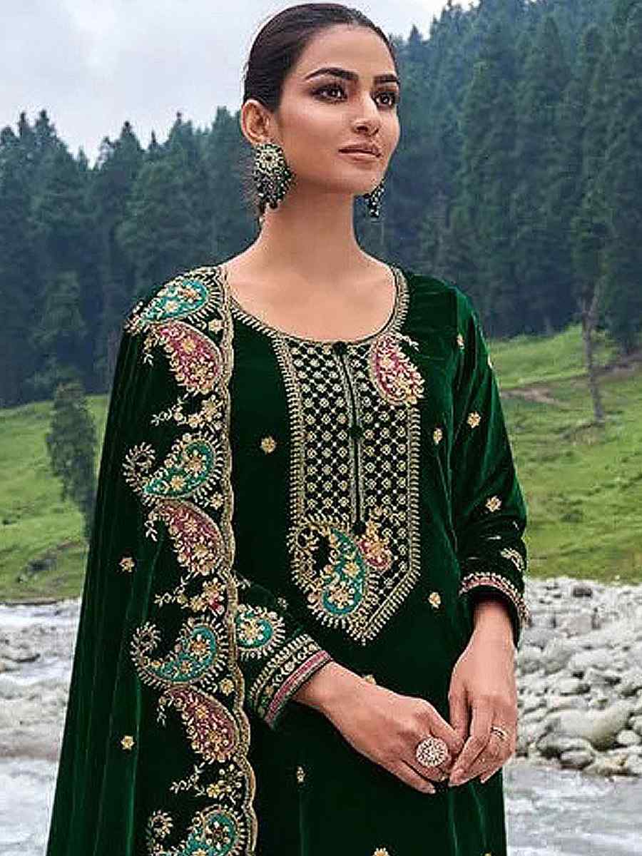 Green Velvet Embroidered Festival Mehendi Pant Salwar Kameez