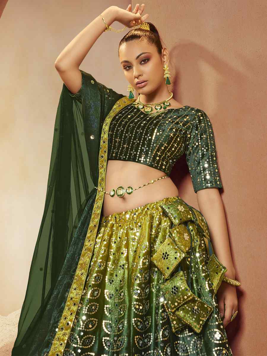 Green Velvet Embroidered Festival Party Wear Circular Lehenga Choli