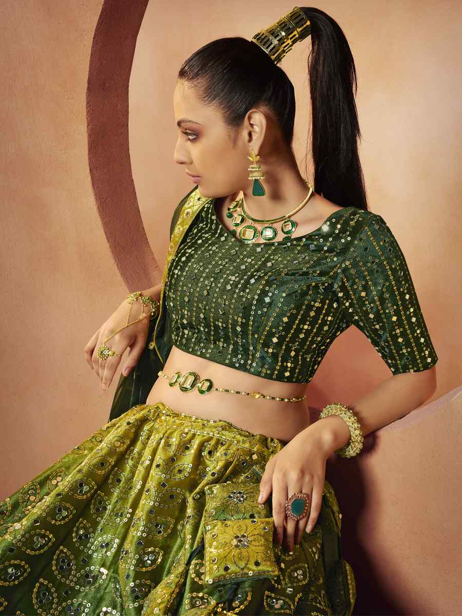 Green Velvet Embroidered Festival Party Wear Circular Lehenga Choli