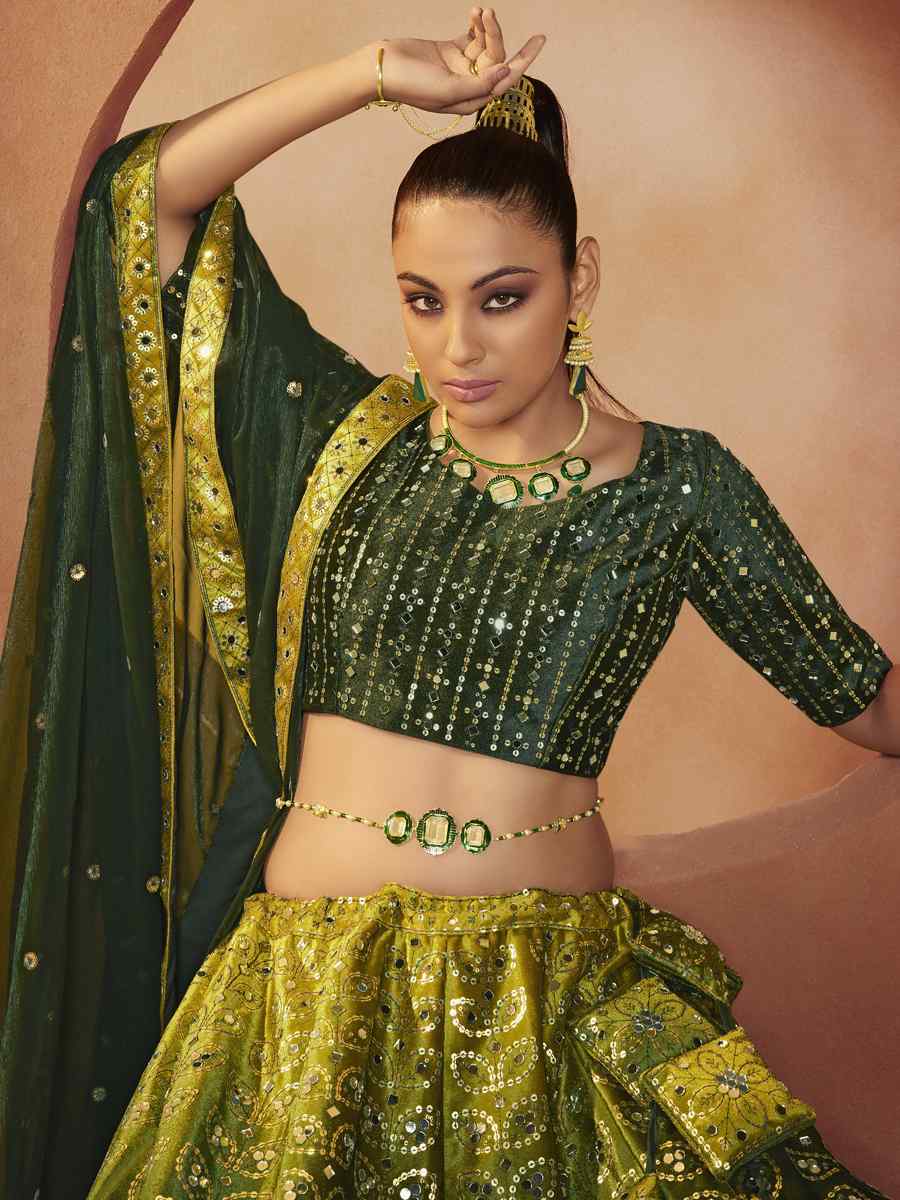 Green Velvet Embroidered Festival Party Wear Circular Lehenga Choli