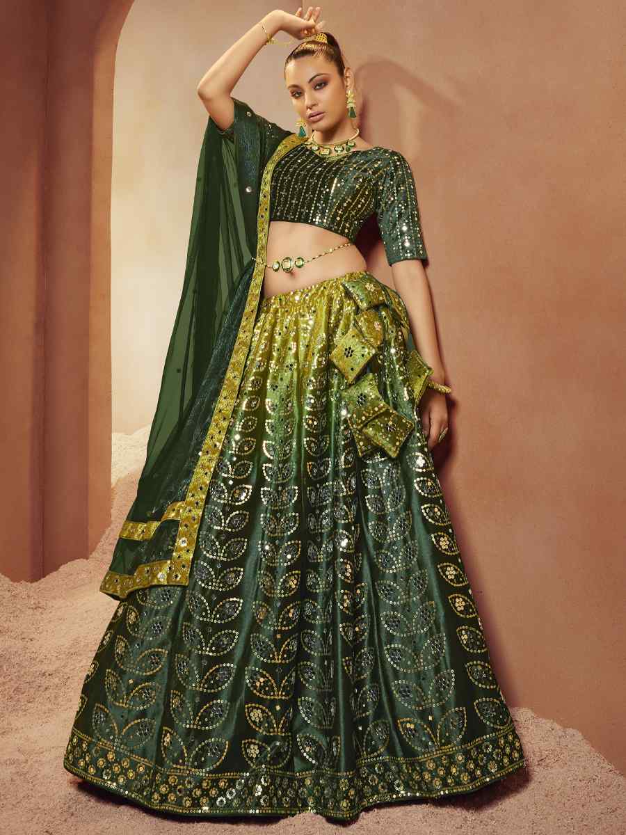 Green Velvet Embroidered Festival Party Wear Circular Lehenga Choli