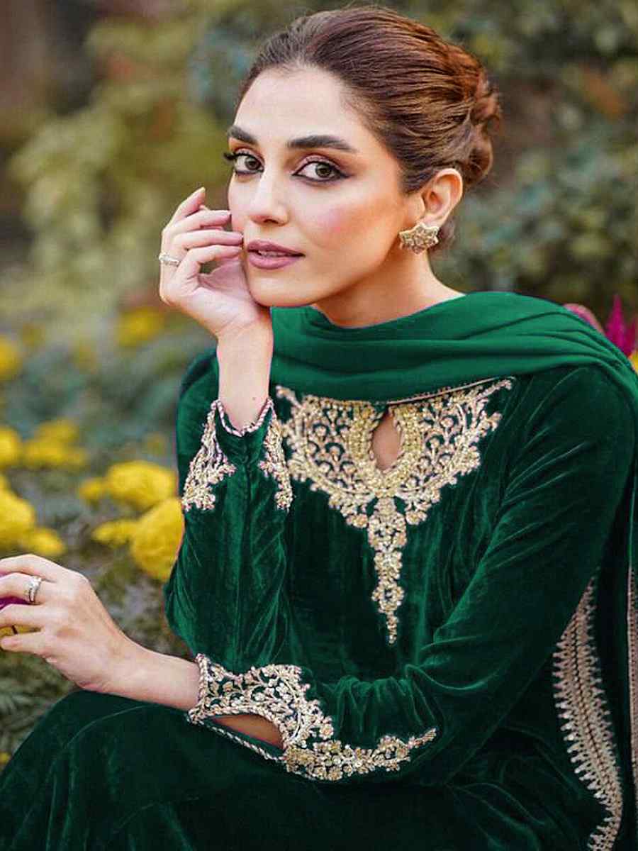 Green Velvet Embroidered Festival Wedding Anarkali Salwar Kameez
