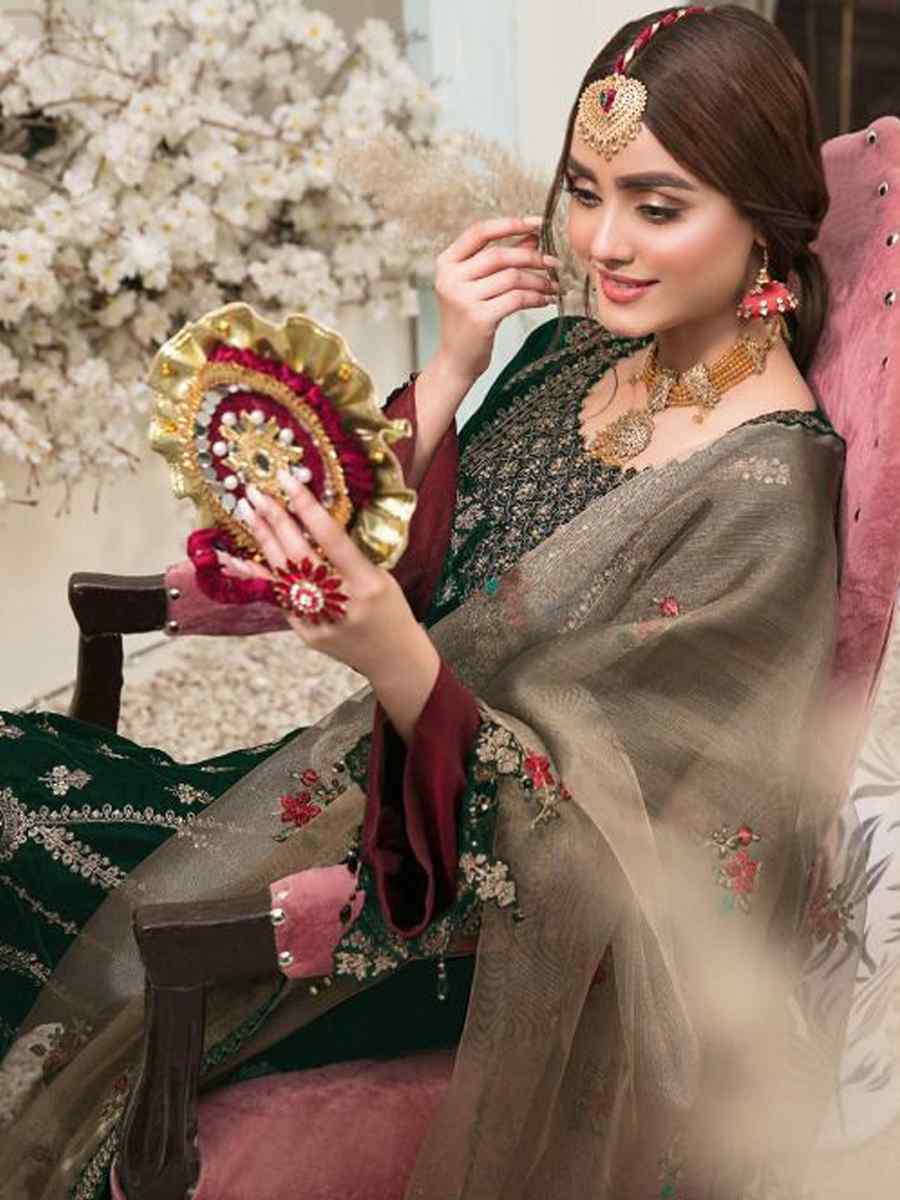 Green Velvet Embroidered Festival Wedding Pant Salwar Kameez
