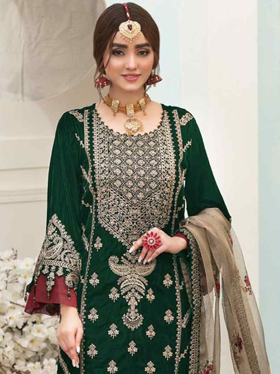 Green Velvet Embroidered Festival Wedding Pant Salwar Kameez