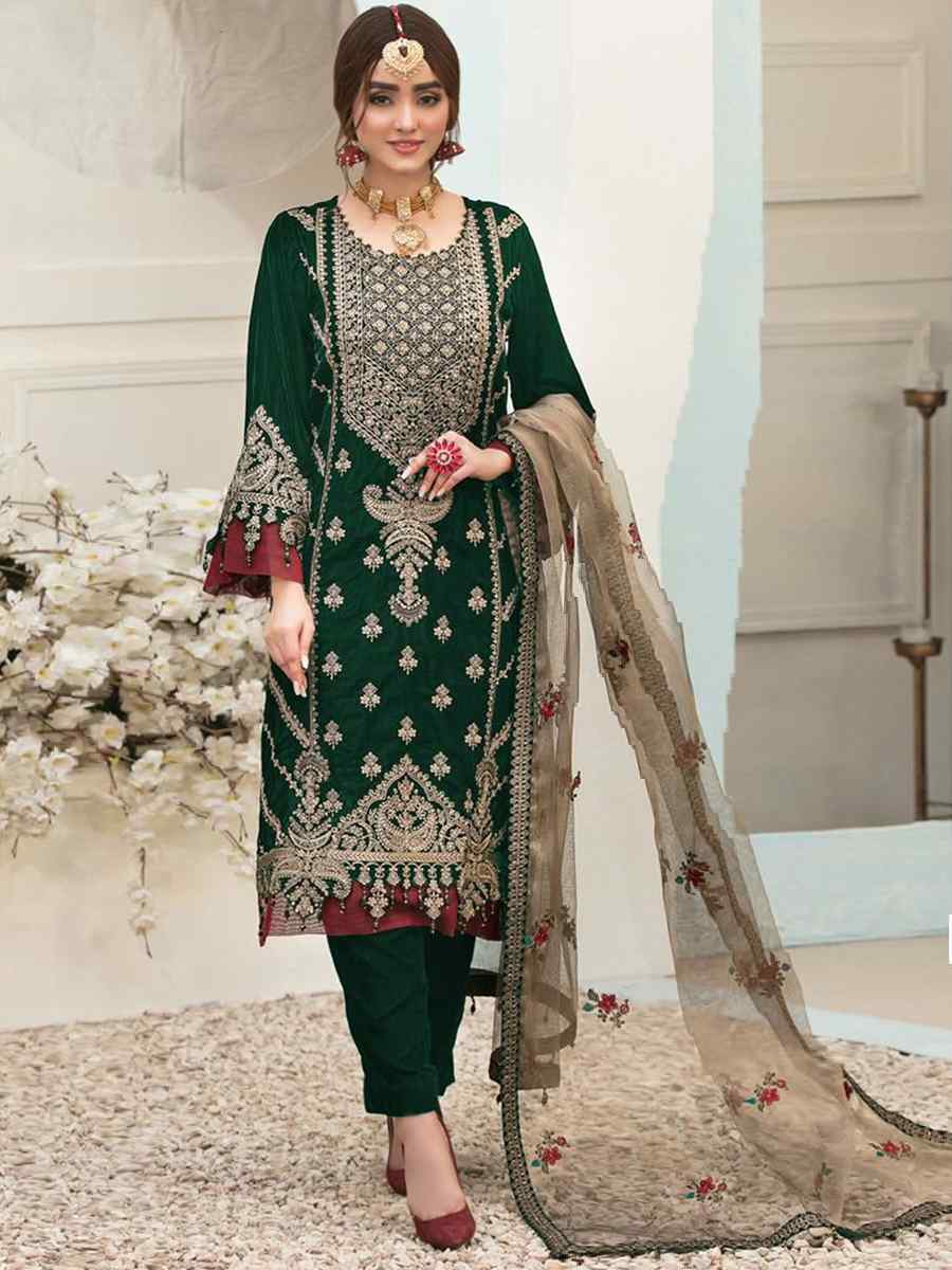 Green Velvet Embroidered Festival Wedding Pant Salwar Kameez