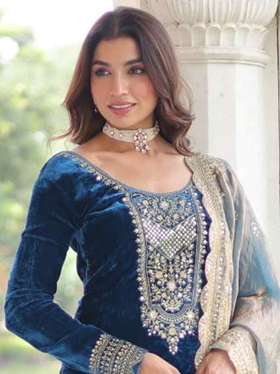 Green Velvet Embroidery Party Wedding Festival Casual Ready Pant Salwar Kameez