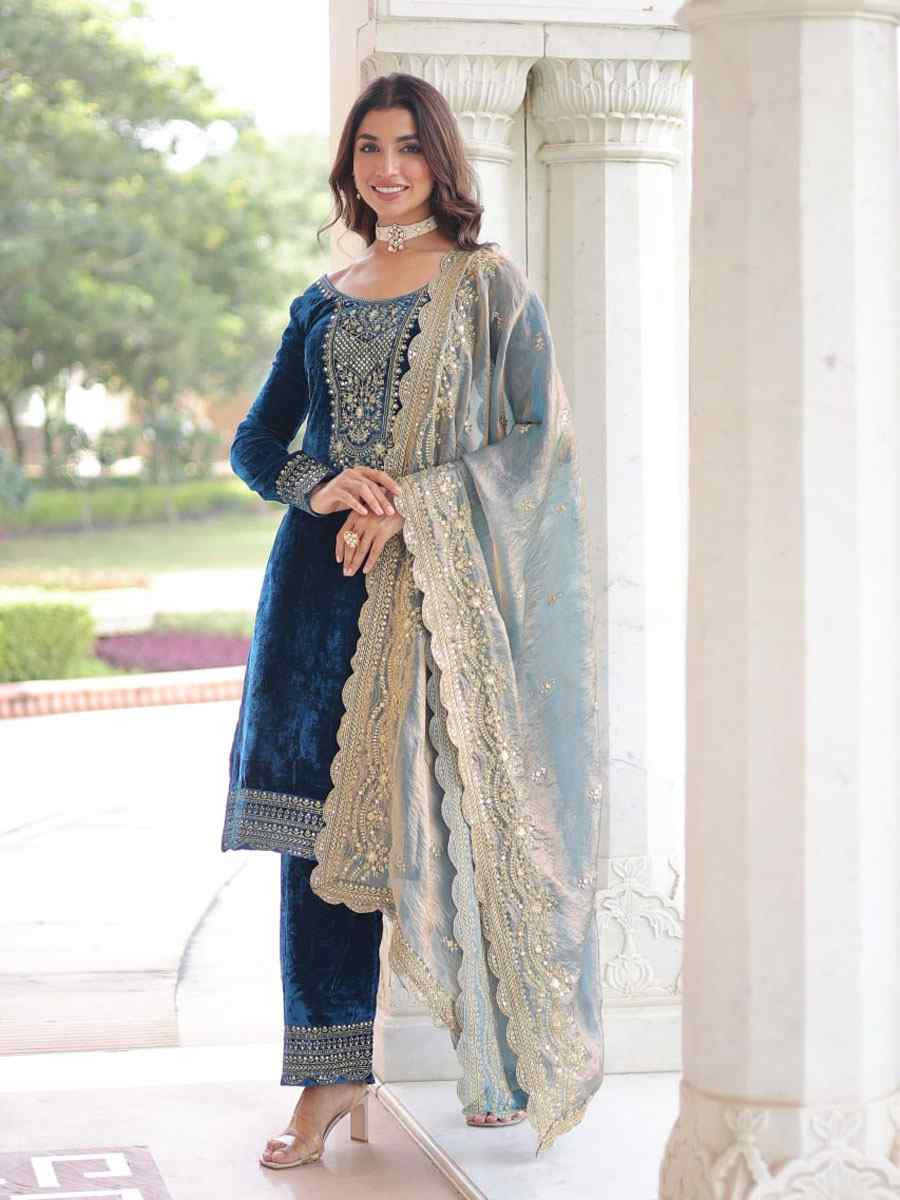 Green Velvet Embroidery Party Wedding Festival Casual Ready Pant Salwar Kameez