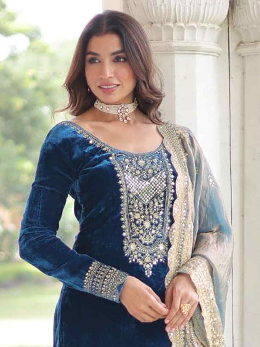 Green Velvet Embroidery Party Wedding Festival Casual Ready Pant Salwar Kameez