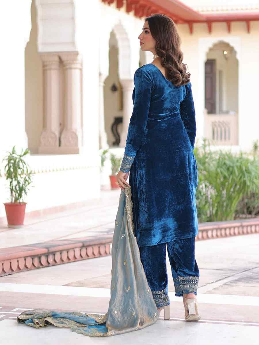 Green Velvet Embroidery Party Wedding Festival Casual Ready Pant Salwar Kameez