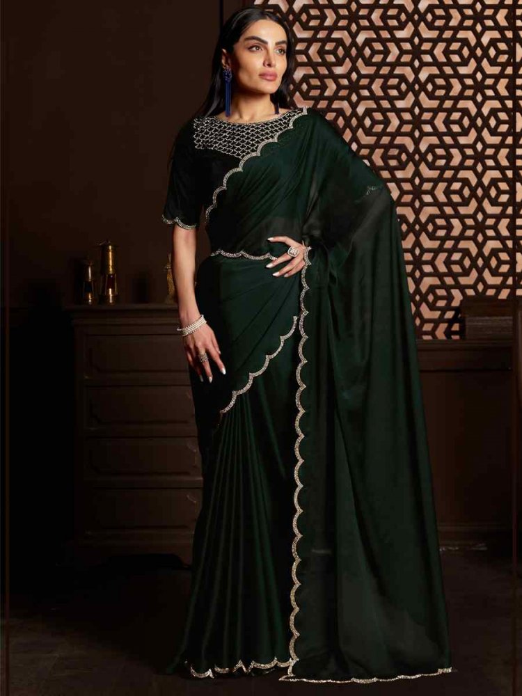 Green Velvet Handwoven Party Festival Classic Style Saree