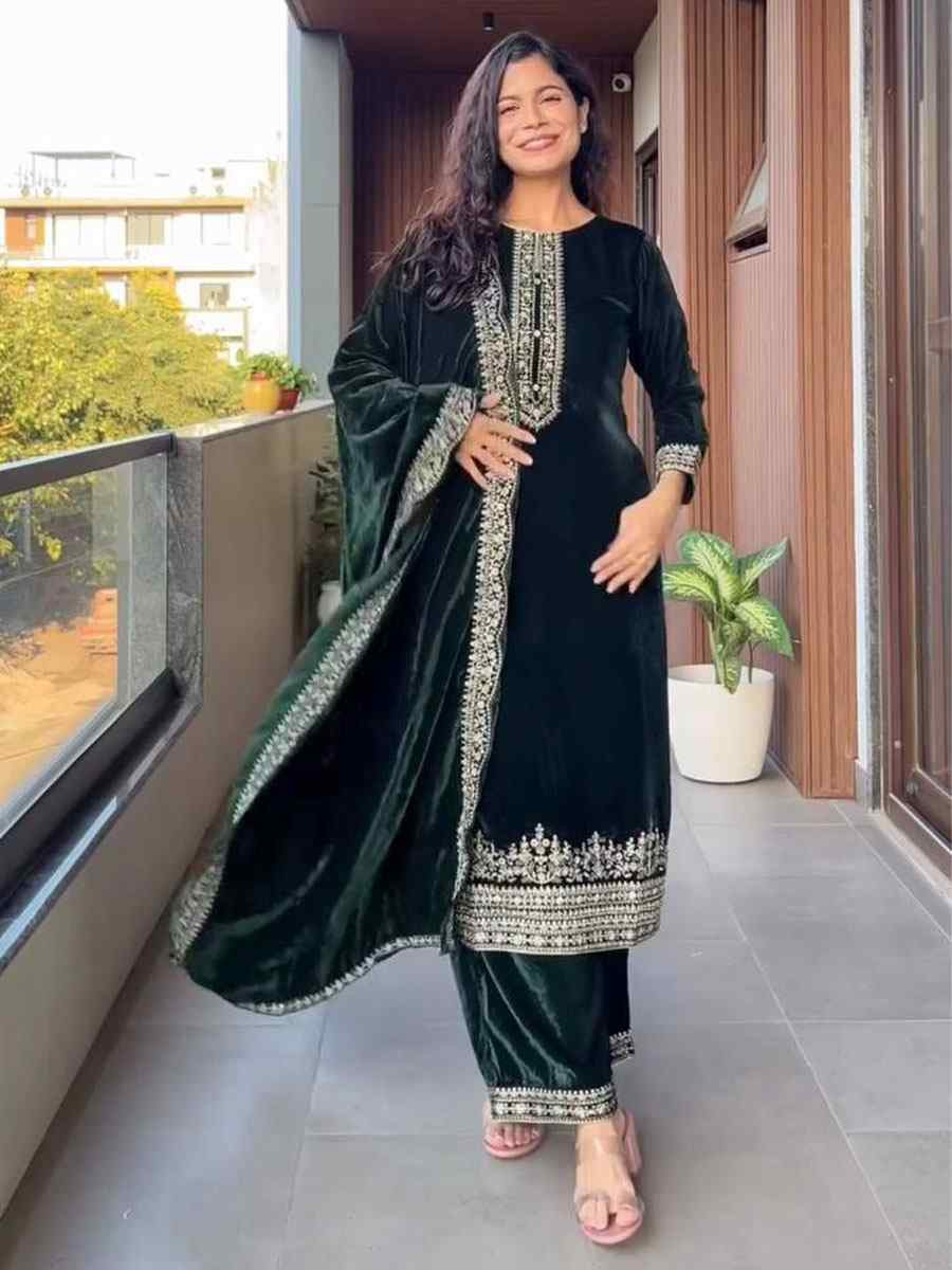 Green Velvet Plain with Embroidery Party Wedding Festival Casual Ready Pant Salwar Kameez