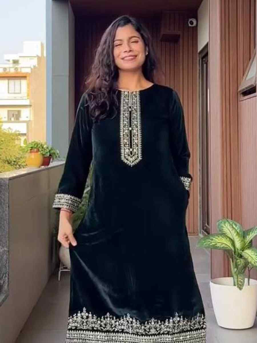 Green Velvet Plain with Embroidery Party Wedding Festival Casual Ready Pant Salwar Kameez