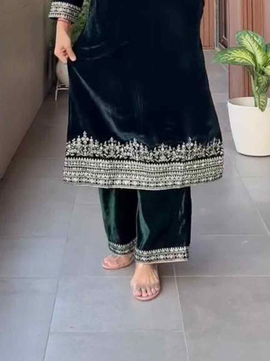 Green Velvet Plain with Embroidery Party Wedding Festival Casual Ready Pant Salwar Kameez