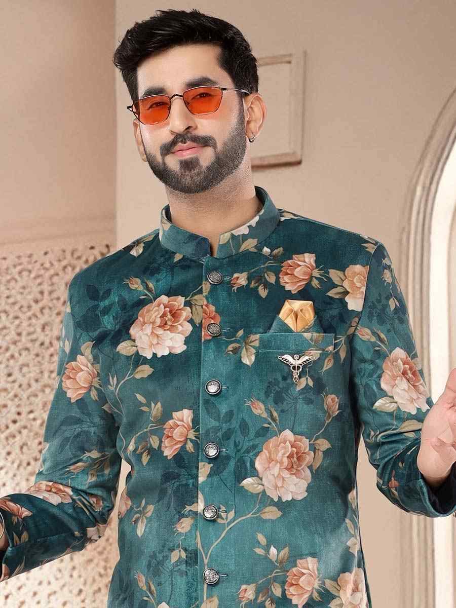 Green Velvet Woven Festival Wedding Kurta