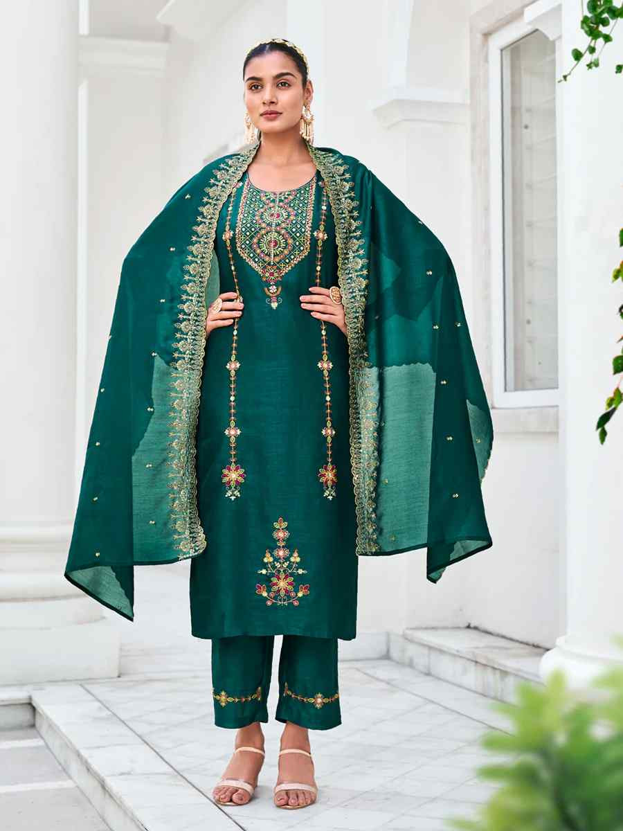 Green Venice Silk Embroidered Festival Wedding Ready Pant Salwar Kameez