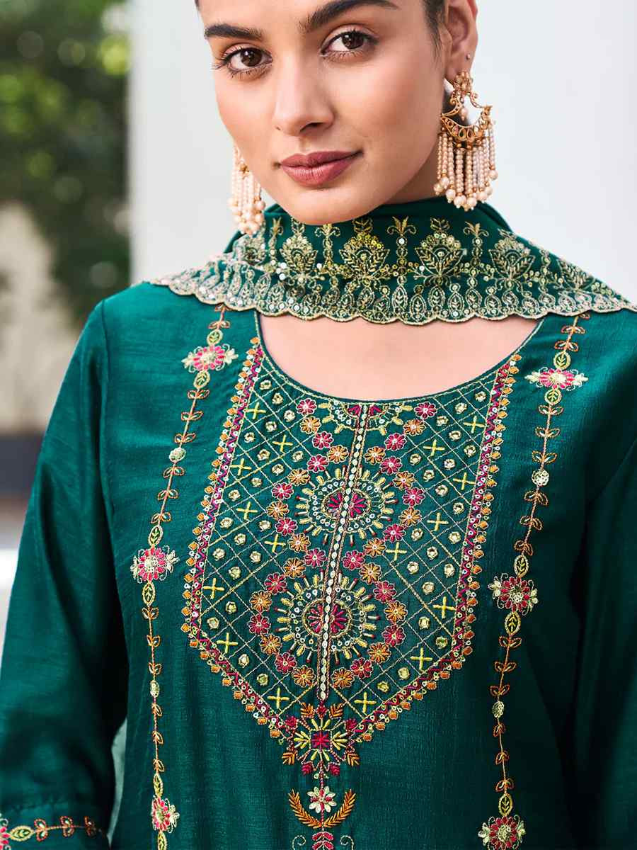 Green Venice Silk Embroidered Festival Wedding Ready Pant Salwar Kameez