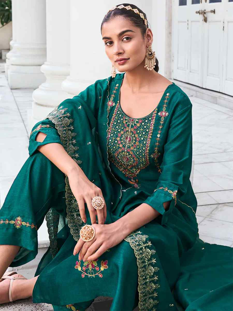 Green Venice Silk Embroidered Festival Wedding Ready Pant Salwar Kameez