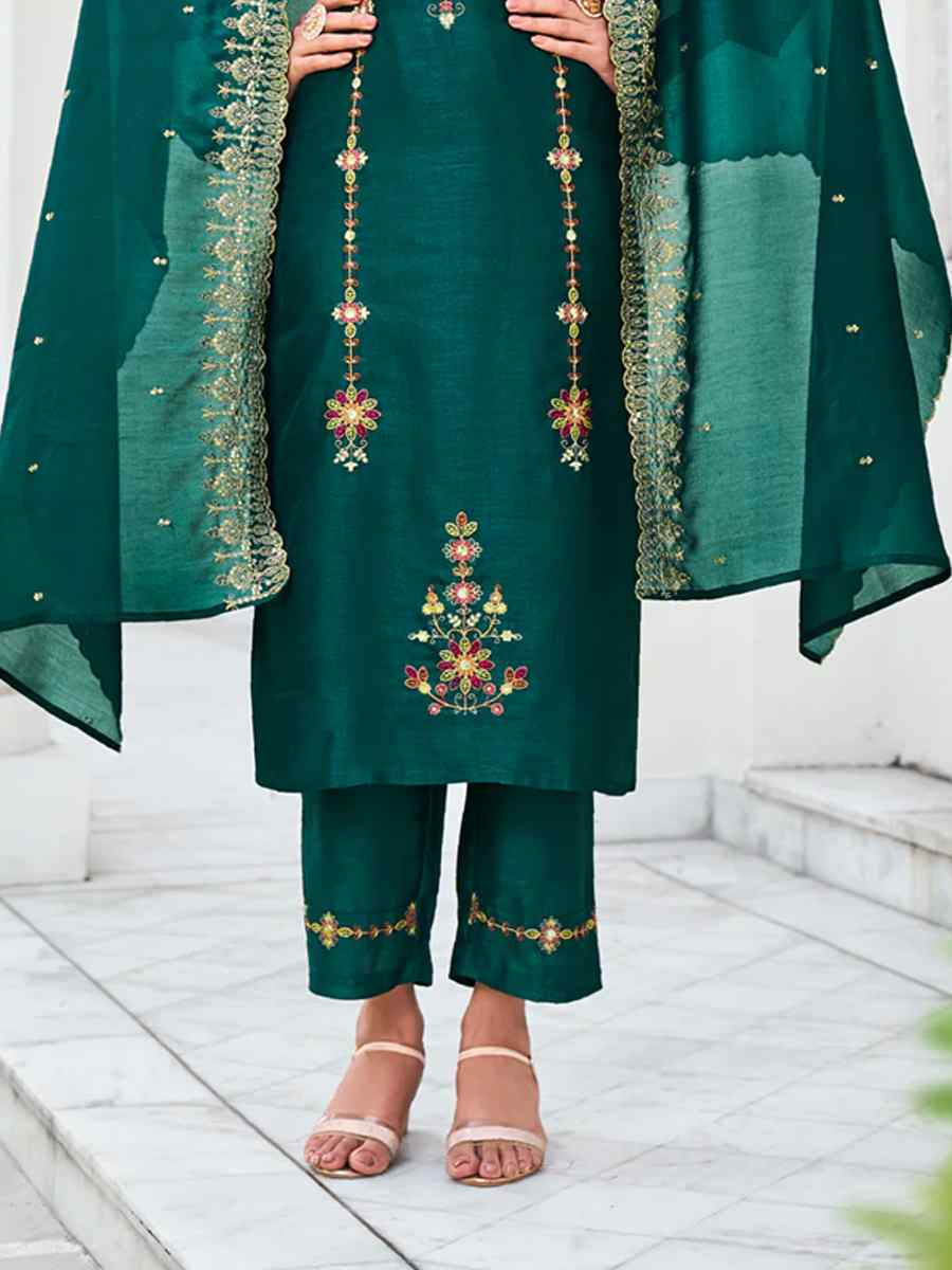 Green Venice Silk Embroidered Festival Wedding Ready Pant Salwar Kameez