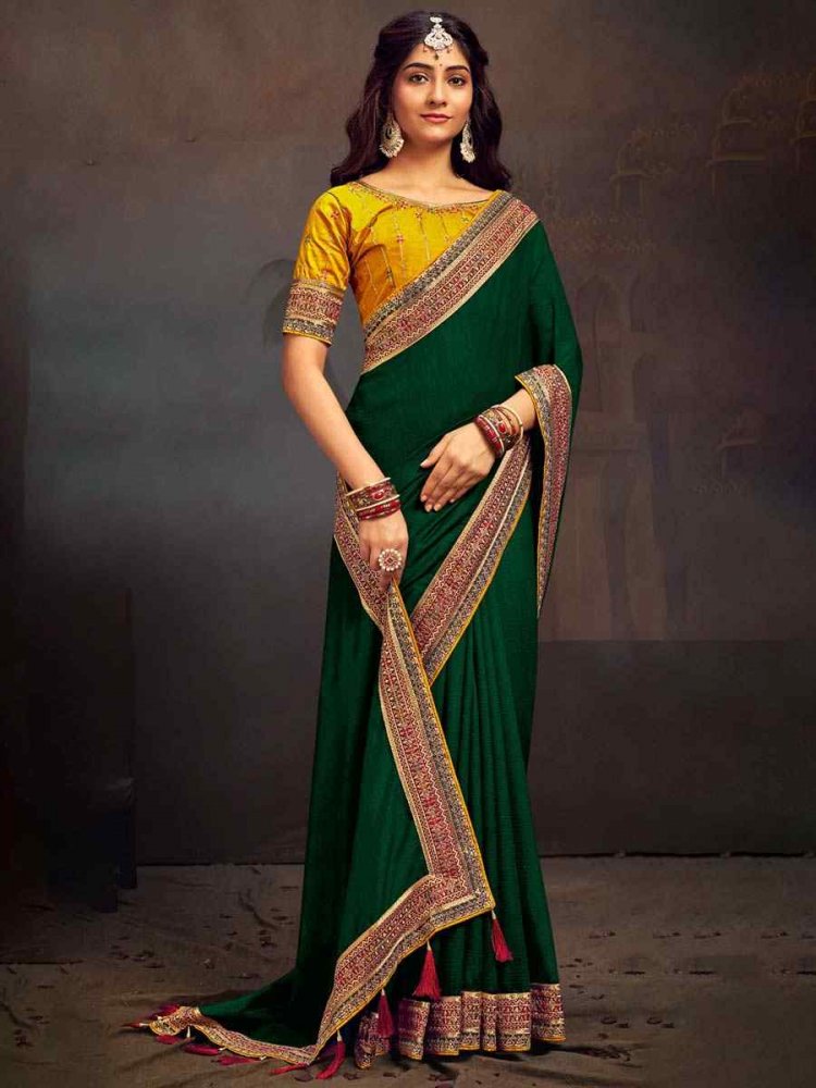 Green Vichitra Silk Embroidered Bridesmaid Reception Heavy Border Saree