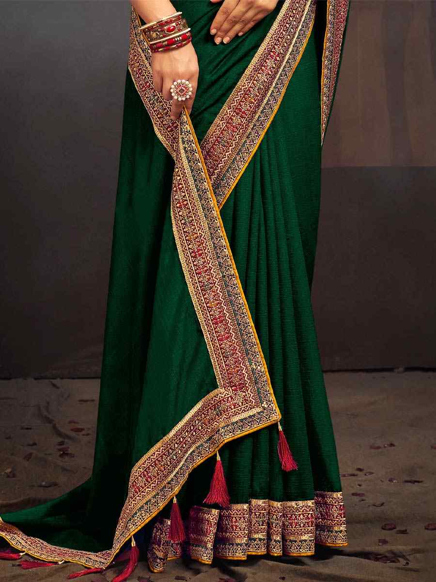 Green Vichitra Silk Embroidered Bridesmaid Reception Heavy Border Saree