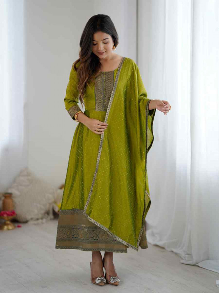 Image of Green Vichitra Silk Embroidered Festival Casual Gown Women Wear