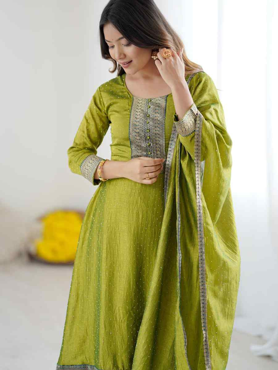 Green Vichitra Silk Embroidered Festival Casual Gown Women Wear