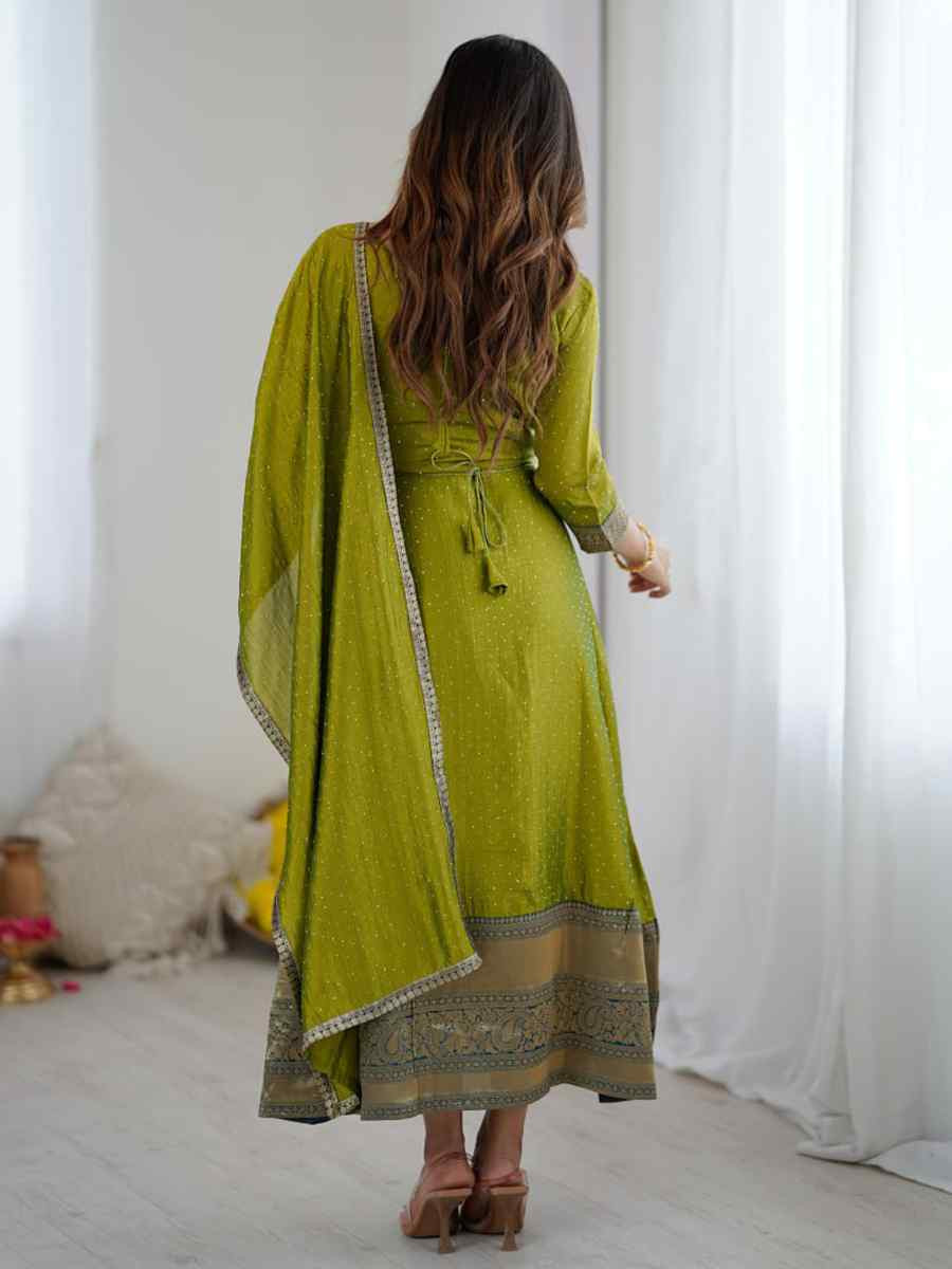 Green Vichitra Silk Embroidered Festival Casual Gown Women Wear