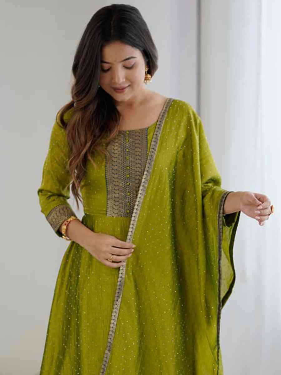 Green Vichitra Silk Embroidered Festival Casual Gown Women Wear