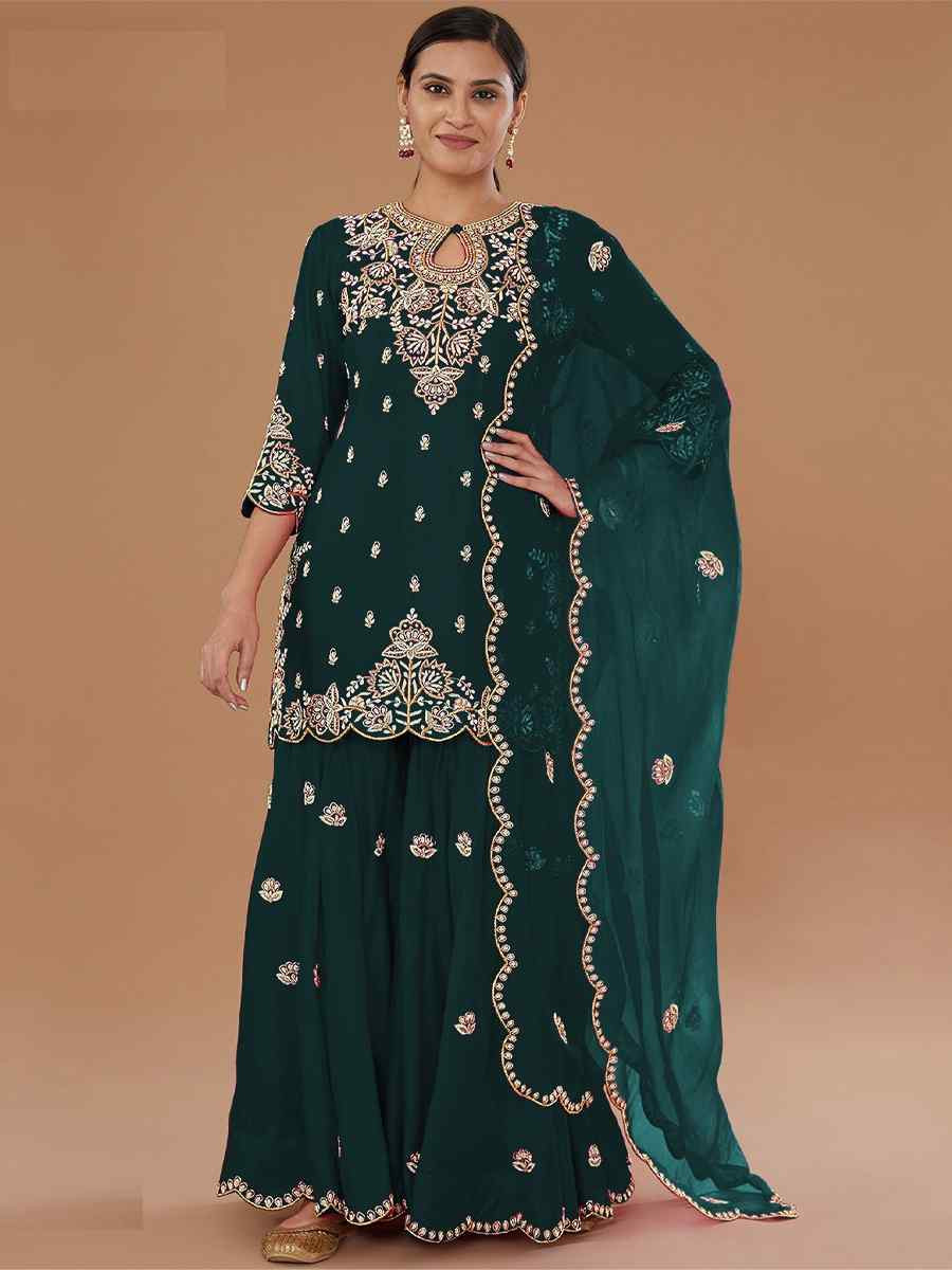 Green Vichitra Silk Embroidered Festival Wedding Palazzo Pant Salwar Kameez
