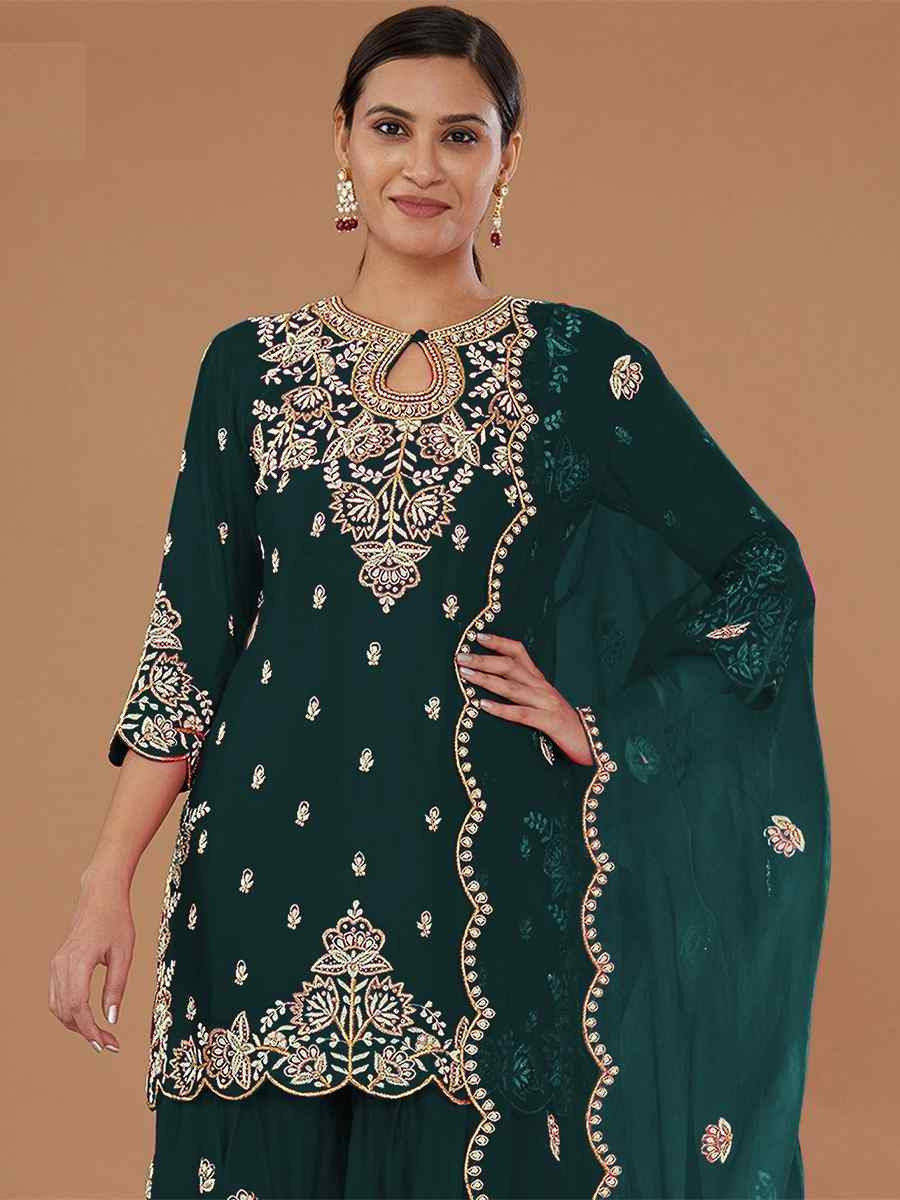 Green Vichitra Silk Embroidered Festival Wedding Palazzo Pant Salwar Kameez