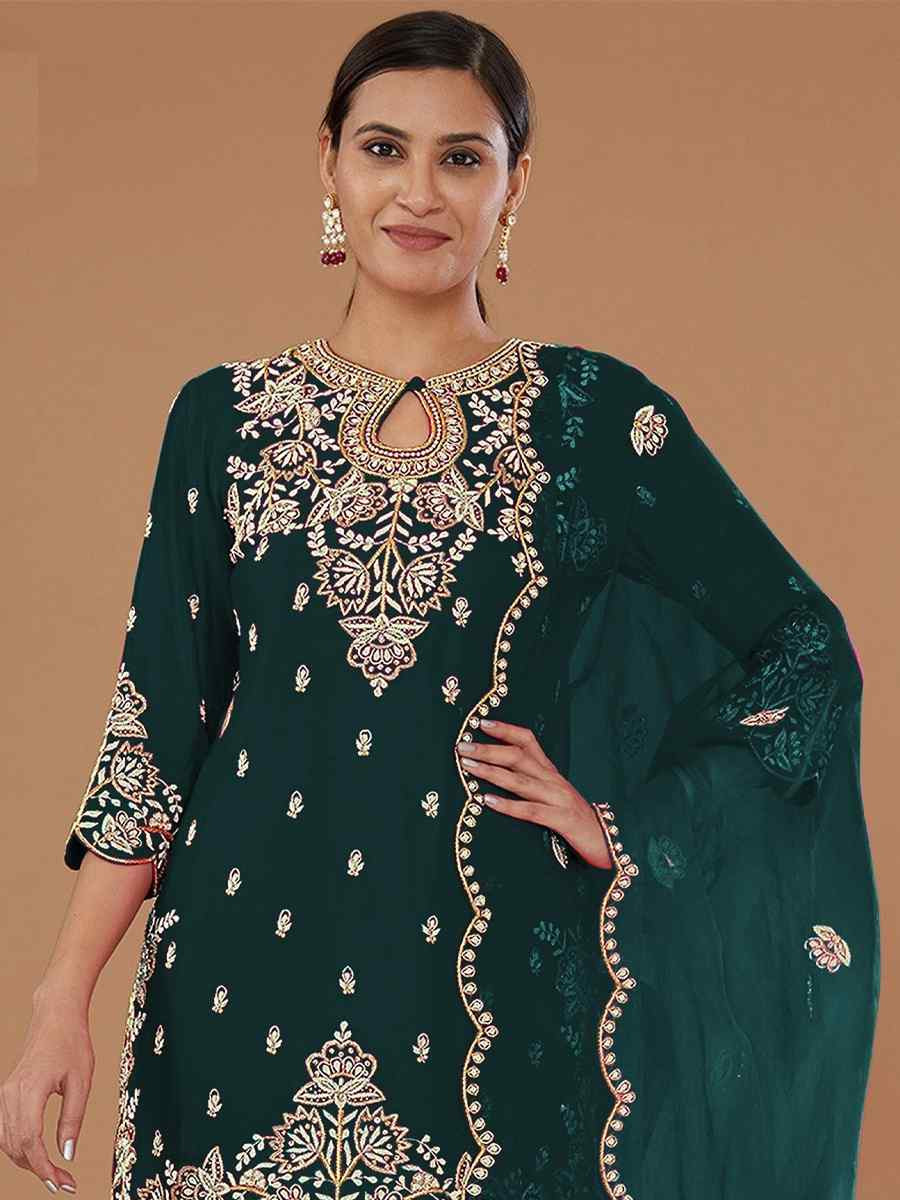 Green Vichitra Silk Embroidered Festival Wedding Palazzo Pant Salwar Kameez