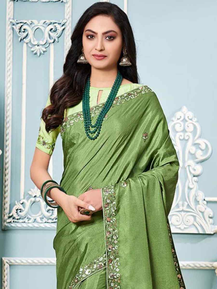 Green Vichitra Silk Embroidered Party Festival Classic Style Saree