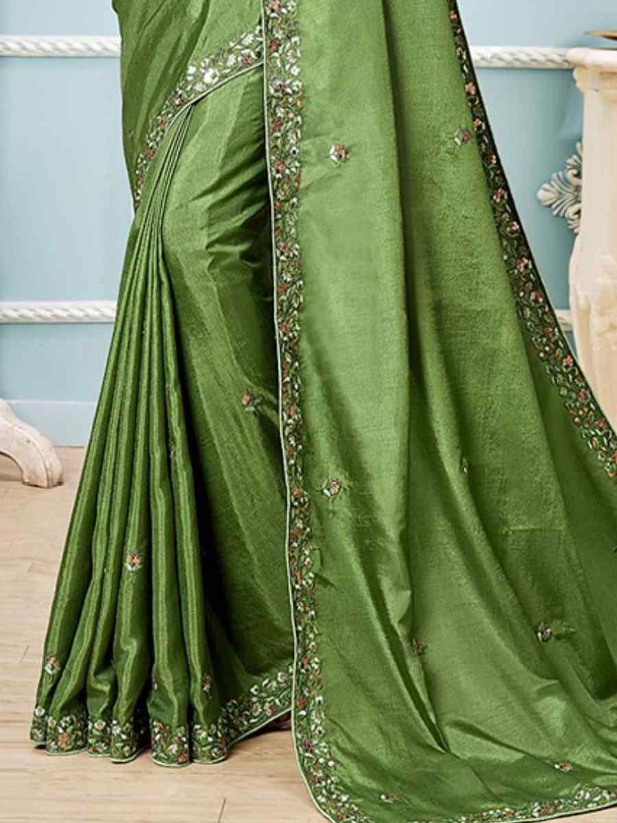Green Vichitra Silk Embroidered Party Festival Classic Style Saree