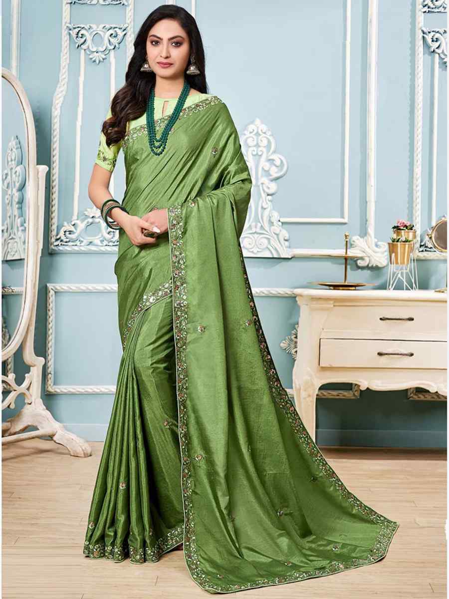 Green Vichitra Silk Embroidered Party Festival Classic Style Saree