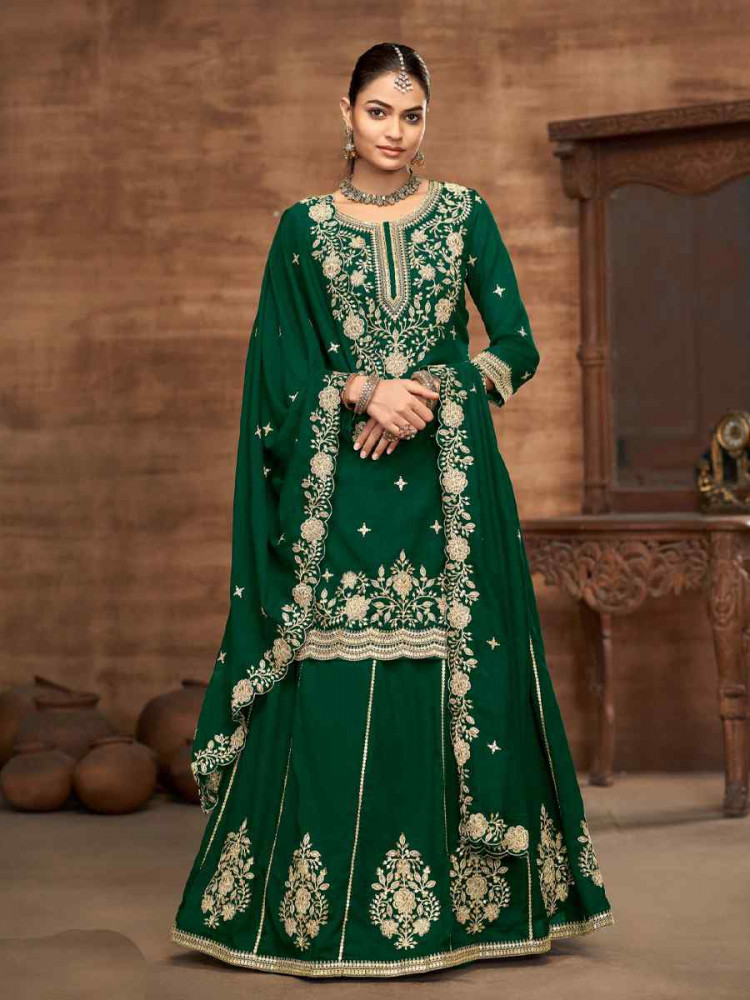 Image of Green Vichitra Silk Embroidered Wedding Reception Festival Casual Ready Kurti Lehenga Choli