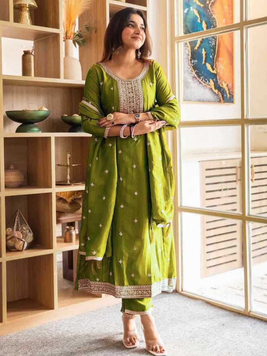 Green Vichitra Silk Embroidery Party Wedding Festival Casual Ready Anarkali Pant Salwar Kameez