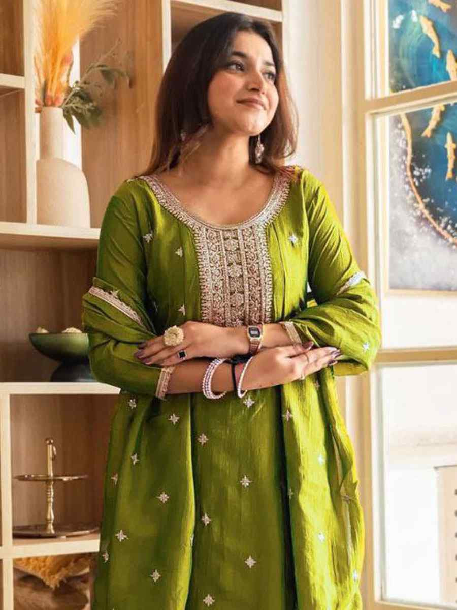 Green Vichitra Silk Embroidery Party Wedding Festival Casual Ready Anarkali Pant Salwar Kameez