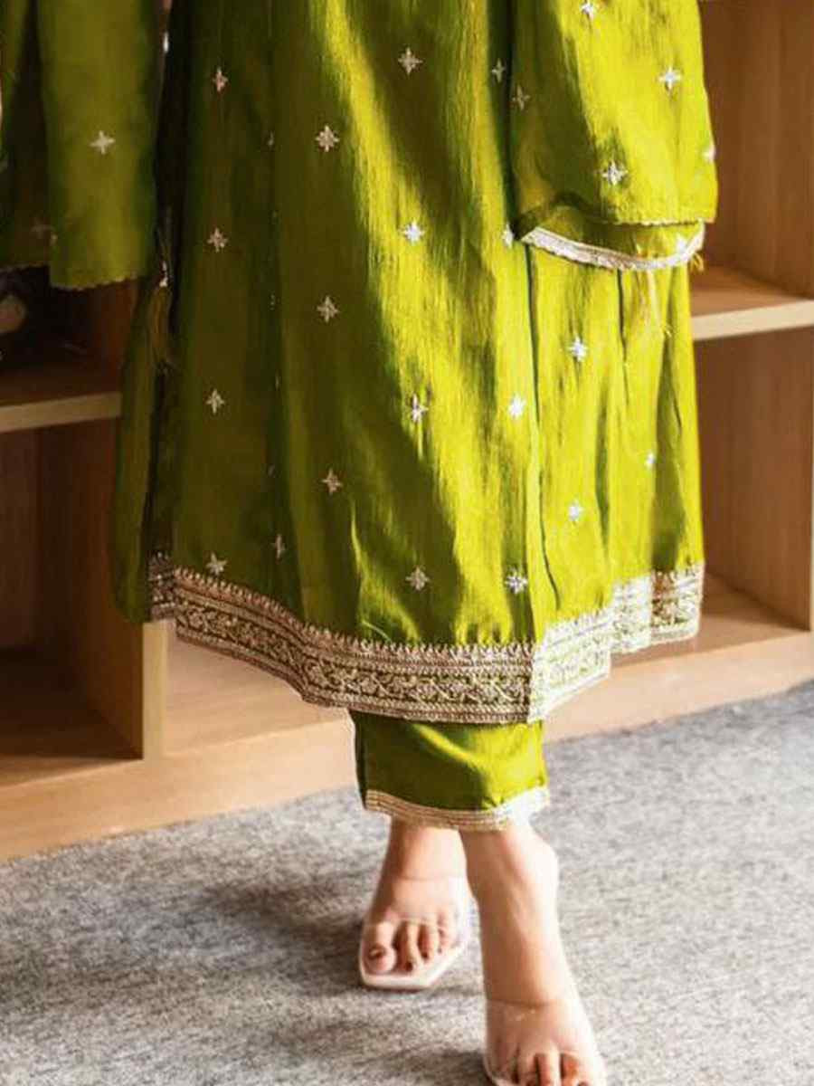 Green Vichitra Silk Embroidery Party Wedding Festival Casual Ready Anarkali Pant Salwar Kameez