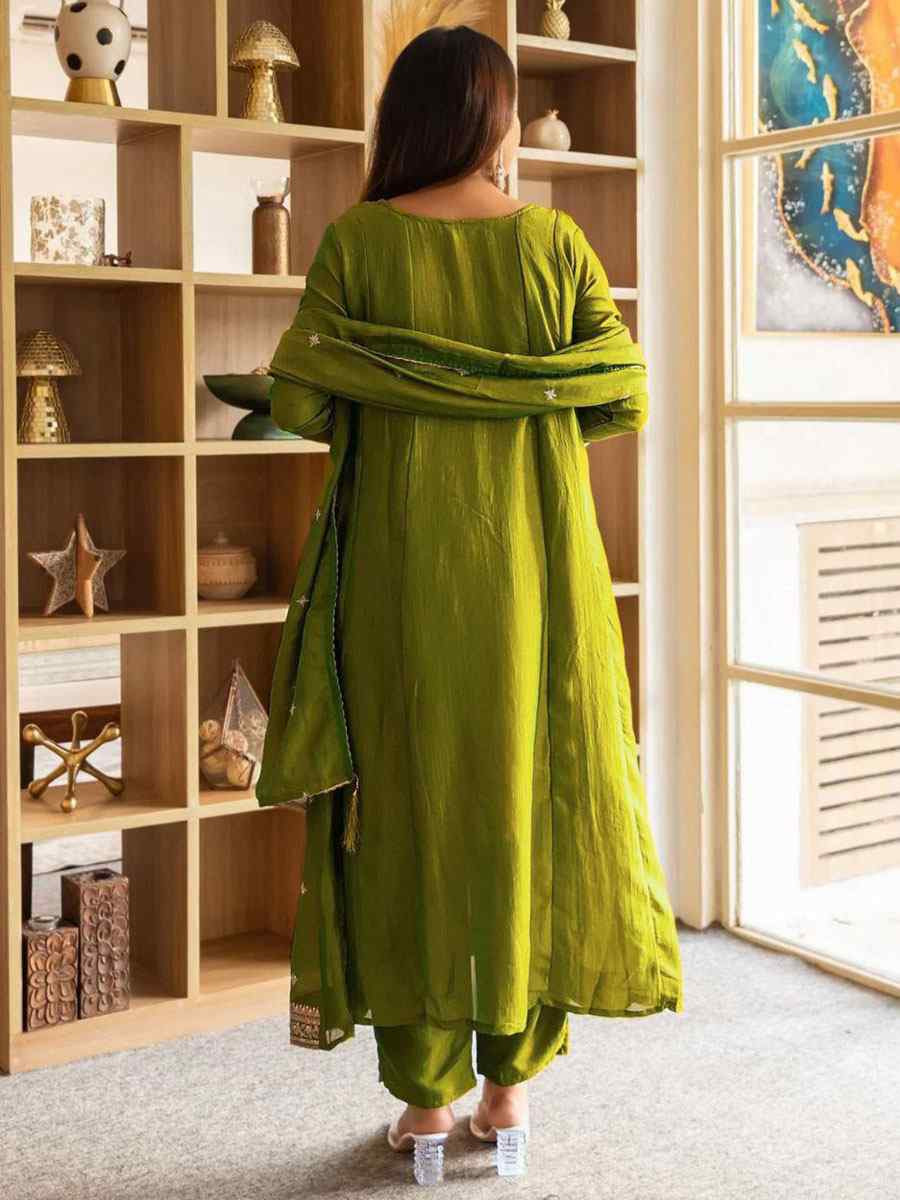 Green Vichitra Silk Embroidery Party Wedding Festival Casual Ready Anarkali Pant Salwar Kameez