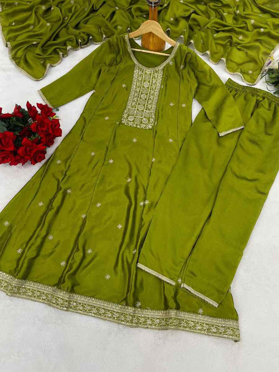 Green Vichitra Silk Embroidery Party Wedding Festival Casual Ready Anarkali Pant Salwar Kameez