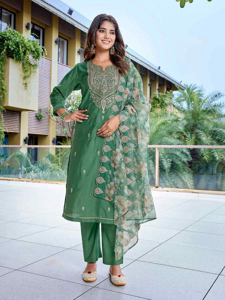 Image of Green Viscose Chanderi Embroidery Party Wedding Festival Casual Ready Pant Salwar Kameez