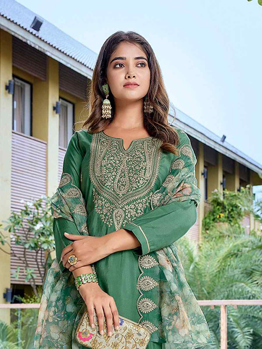 Green Viscose Chanderi Embroidery Party Wedding Festival Casual Ready Pant Salwar Kameez