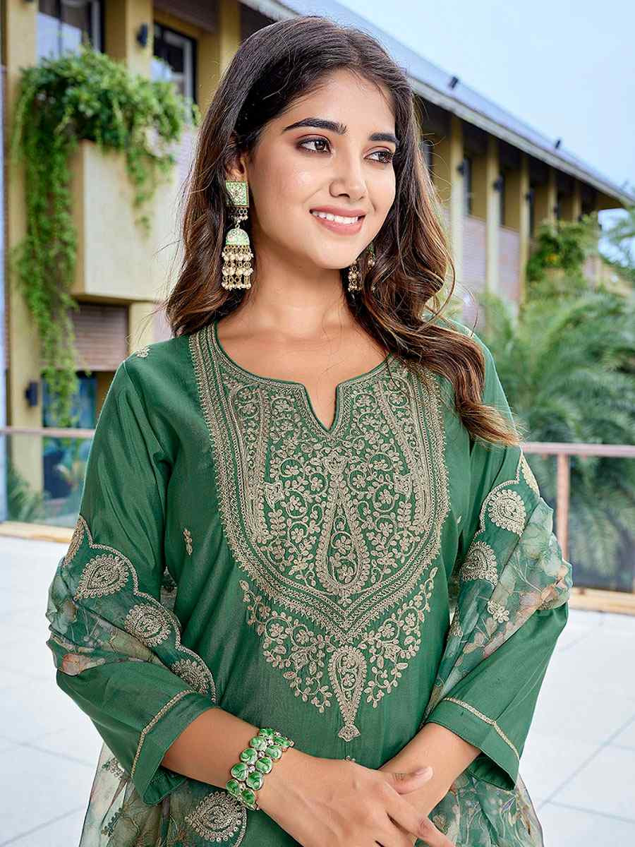 Green Viscose Chanderi Embroidery Party Wedding Festival Casual Ready Pant Salwar Kameez